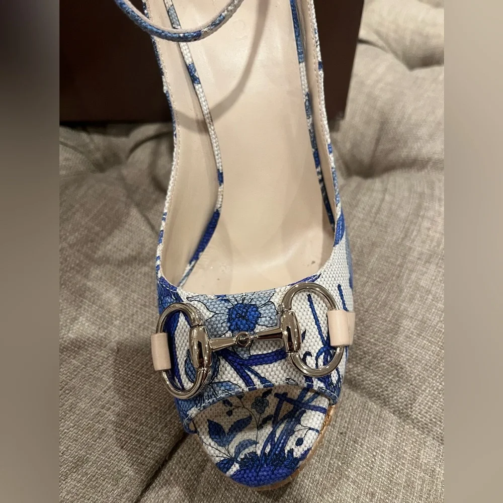Gucci Blue and White Floral Wedge Sandals with Ankle Strap